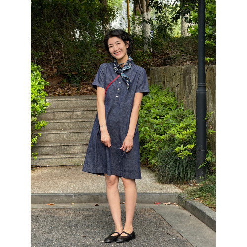 浪清 Polo領襯衫連衣裙夏季新款寬松短袖藍色牛仔裙直筒中長裙子