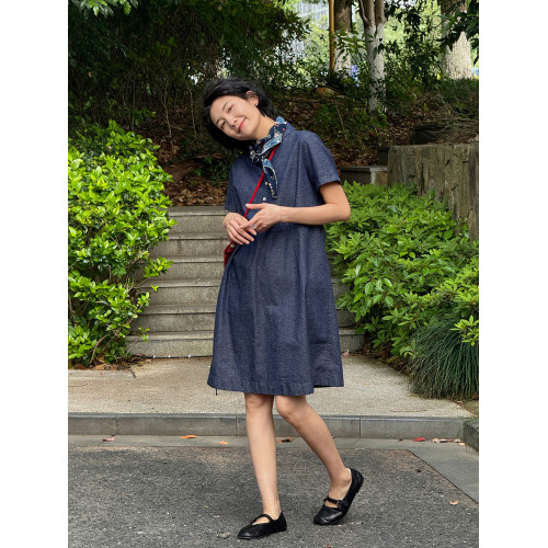 浪清 Polo領襯衫連衣裙夏季新款寬松短袖藍色牛仔裙直筒中長裙子