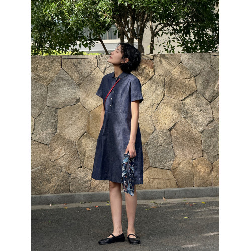 浪清 Polo領襯衫連衣裙夏季新款寬松短袖藍色牛仔裙直筒中長裙子