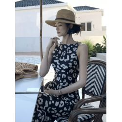 XZOXZO海邊度假風黑色碎花無袖連衣裙女夏季顯身材超好看氣質長裙