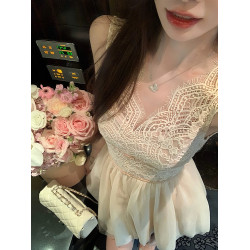 純欲性感蕾絲連衣裙女夏裝高級感氣質收腰溫柔風杏色無袖短裙