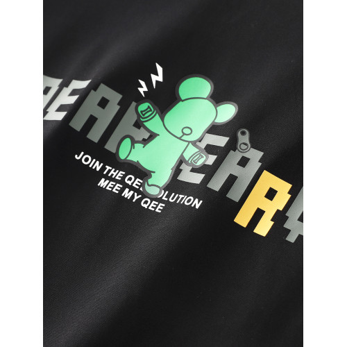 【H家撤櫃】時尚小熊印花透氣冰爽棉黑色男T恤夏季圓領短袖體恤衫