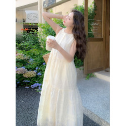 米白色刺綉無袖連衣裙女2025夏季新款法式溫柔風甜美減齡背心長裙