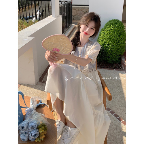 米白色假兩件連衣裙夏女2025新款韓系學院風少女馬甲學生茶歇長裙
