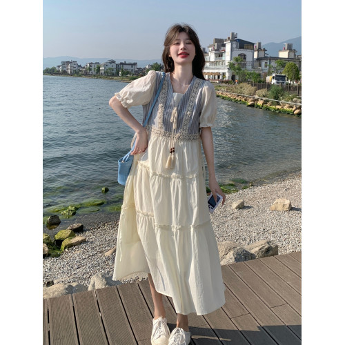 米白色假兩件連衣裙夏女2025新款韓系學院風少女馬甲學生茶歇長裙