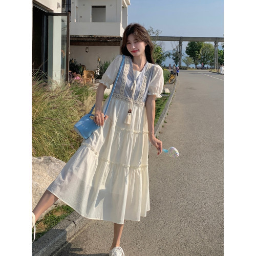 米白色假兩件連衣裙夏女2025新款韓系學院風少女馬甲學生茶歇長裙