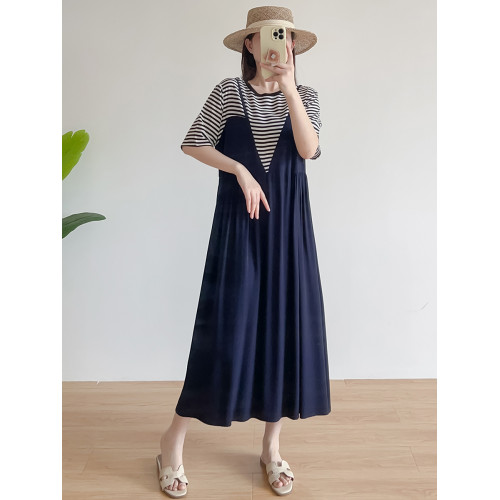 夏季棉綢連衣裙女2025年新款寬松顯瘦拼接吊帶大擺裙人造棉沙灘裙
