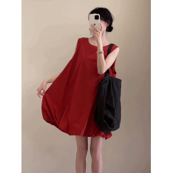 韓系無袖花苞背心連衣裙女2025夏季新款小個子寬松休閒A字蓬蓬裙