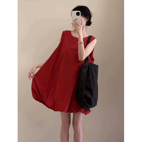 韓系無袖花苞背心連衣裙女2025夏季新款小個子寬松休閒A字蓬蓬裙
