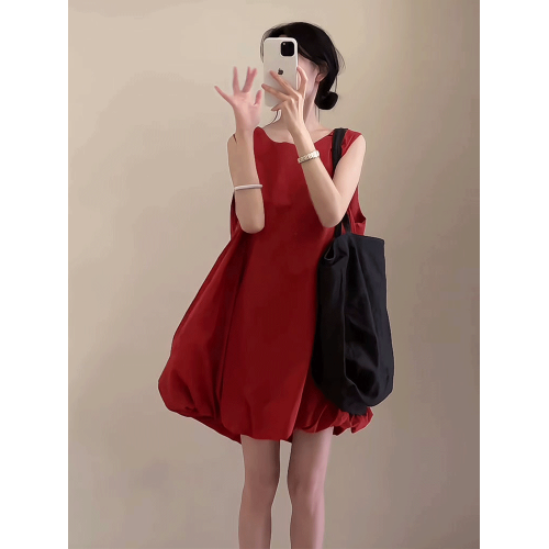 韓系無袖花苞背心連衣裙女2025夏季新款小個子寬松休閒A字蓬蓬裙