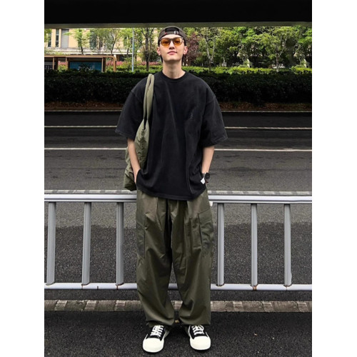 美式320g重磅男t恤水洗做舊菸灰色短袖日系小領口oversize七分袖