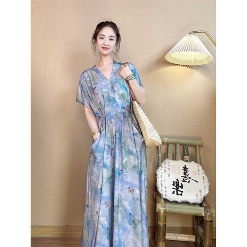 2024夏新款棉綢印花連衣裙高級文藝a字裙女中長裙拖地裙大碼收腰