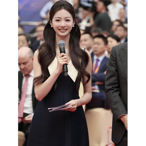 馮琳同款藏青色連衣裙輕奢女裝高級感V領無袖背心收腰顯瘦長裙夏