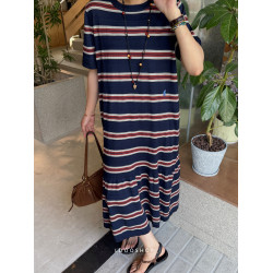 LDOO SHOP 日系45*復古藍染條紋寬松休閒拼接裙擺針織短袖連衣裙
