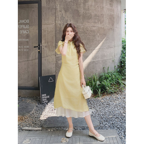 淺黃色拼接新中式國風連衣裙2025新款女初夏名媛高級感改良旗袍裙