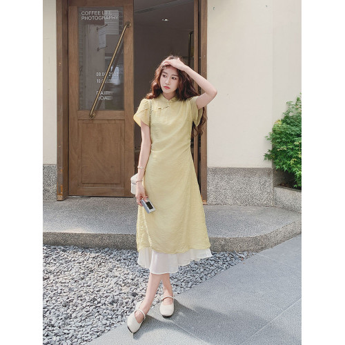 淺黃色拼接新中式國風連衣裙2025新款女初夏名媛高級感改良旗袍裙
