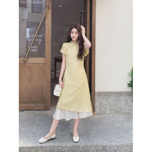 淺黃色拼接新中式國風連衣裙2025新款女初夏名媛高級感改良旗袍裙