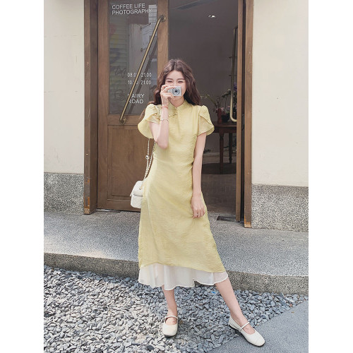 淺黃色拼接新中式國風連衣裙2025新款女初夏名媛高級感改良旗袍裙