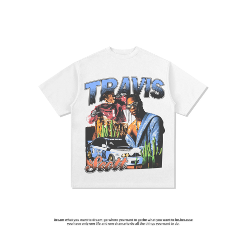Travis Scott斯科特印花美式復古嘻哈說唱重磅純棉潮流短袖男t恤