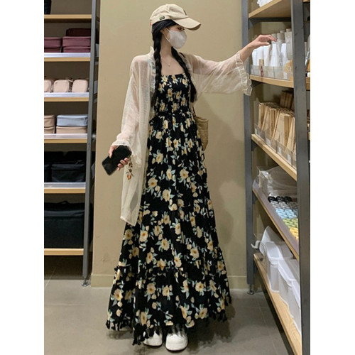 170高個子絕美吊帶連衣裙加長版到腳踝超長2025氣質碎花裙子套裝