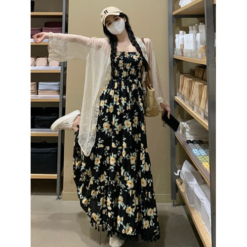 170高個子絕美吊帶連衣裙加長版到腳踝超長2025氣質碎花裙子套裝