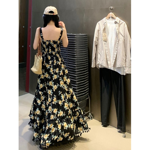 170高個子絕美吊帶連衣裙加長版到腳踝超長2025氣質碎花裙子套裝