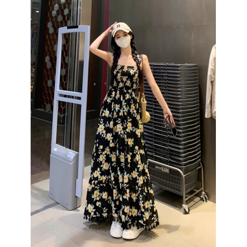 170高個子絕美吊帶連衣裙加長版到腳踝超長2025氣質碎花裙子套裝