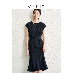 OFFIY奢牌平替GI*DA魚尾收腰短袖醋酸裙獨特漂亮氣質小黑裙連衣裙