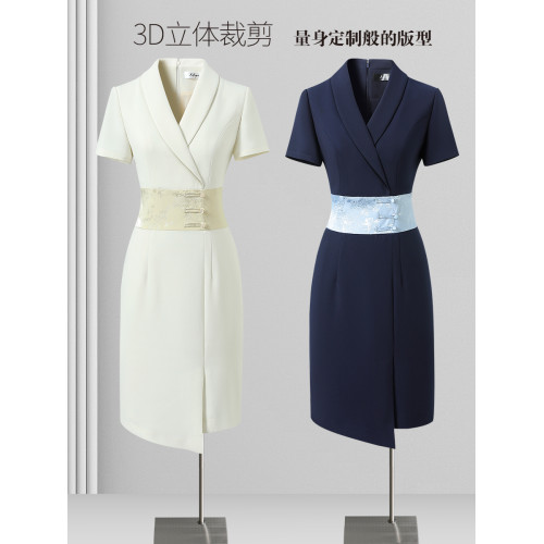職業連衣裙中式風前台迎賓工裝茶室美容院工作服女夏季西裝裙