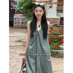 韓系慵懶風格子無袖背心連衣裙女2025年夏季新款氣質寬松顯瘦長裙