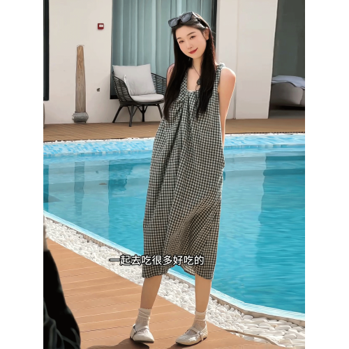 韓系慵懶風格子無袖背心連衣裙女2025年夏季新款氣質寬松顯瘦長裙