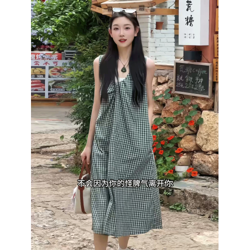 韓系慵懶風格子無袖背心連衣裙女2025年夏季新款氣質寬松顯瘦長裙