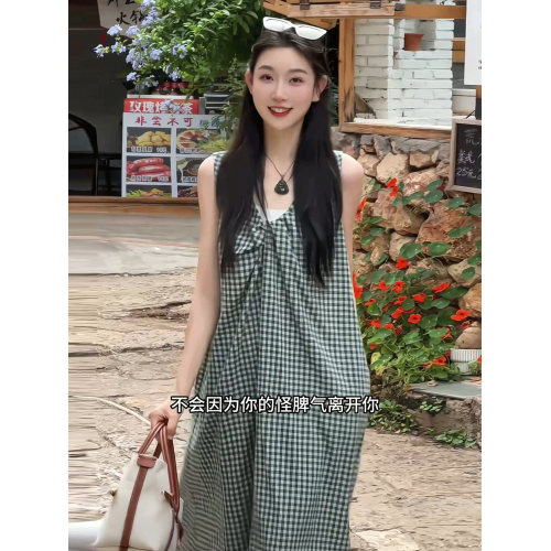 韓系慵懶風格子無袖背心連衣裙女2025年夏季新款氣質寬松顯瘦長裙
