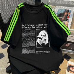 拼接三條桿純棉重磅高街t恤vintage人像印花重磅短袖男T恤半袖衫