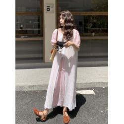 甜美減齡粉色鏤空罩衫曡穿短袖連衣裙套裝女夏2025新款長裙兩件套