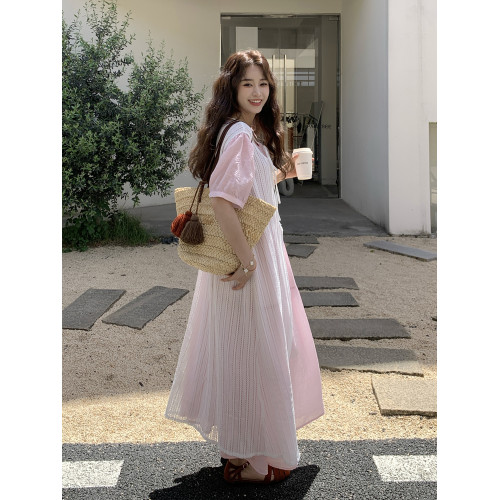 甜美減齡粉色鏤空罩衫曡穿短袖連衣裙套裝女夏2025新款長裙兩件套