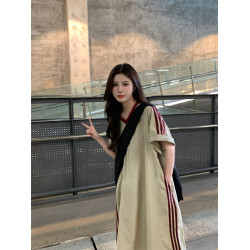 美式復古撞色杠條v領速乾短袖連衣裙女夏寬松顯瘦慵懶風抽繩長裙