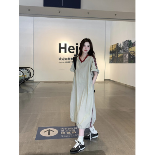 美式復古撞色杠條v領速乾短袖連衣裙女夏寬松顯瘦慵懶風抽繩長裙