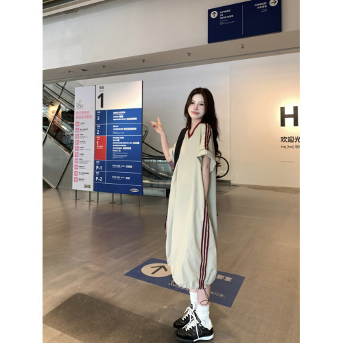 美式復古撞色杠條v領速乾短袖連衣裙女夏寬松顯瘦慵懶風抽繩長裙