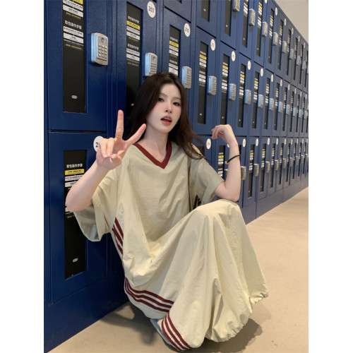 美式復古撞色杠條v領速乾短袖連衣裙女夏寬松顯瘦慵懶風抽繩長裙