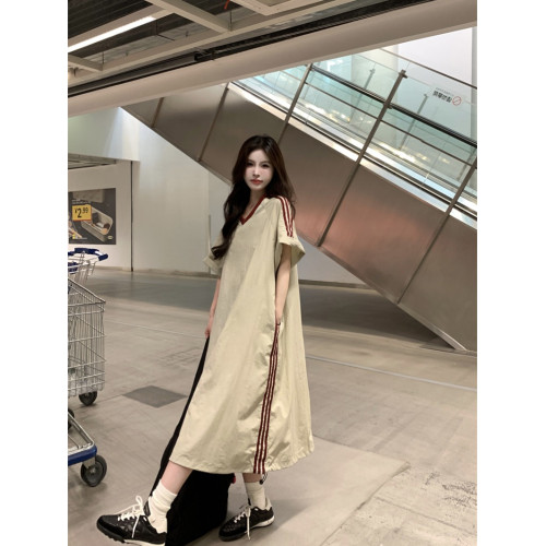 美式復古撞色杠條v領速乾短袖連衣裙女夏寬松顯瘦慵懶風抽繩長裙