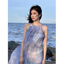 白鹿明星同款紫色海邊度假風吊帶連衣裙寬松慵懶風花朵綁帶長裙女
