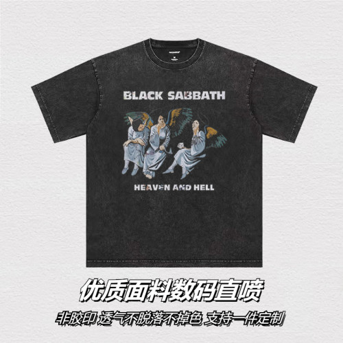 Black Sabbath黑色安息日搖滾樂隊復古做舊水洗落肩寬松短袖男T恤