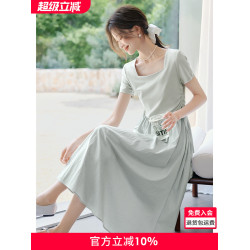 沫晗依美清新優雅長裙2025夏季新款大方領設計抽繩腰部收腰連衣裙