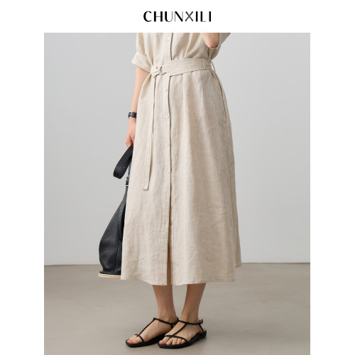 chunxili/春熙裡 V領極簡 老錢風 100亞麻氣質帶腰帶 風衣連衣裙