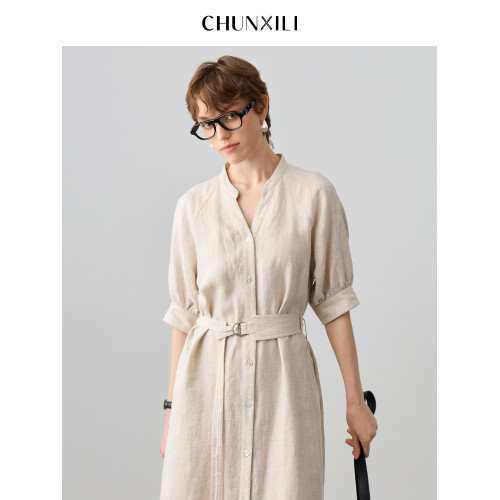 chunxili/春熙裡 V領極簡 老錢風 100亞麻氣質帶腰帶 風衣連衣裙