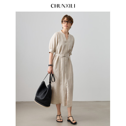 chunxili/春熙裡 V領極簡 老錢風 100亞麻氣質帶腰帶 風衣連衣裙