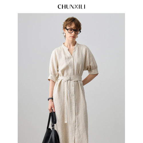 chunxili/春熙裡 V領極簡 老錢風 100亞麻氣質帶腰帶 風衣連衣裙