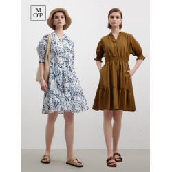 Marc O'Polo/MOP 夏季新款時尚新中式印花司馬克腰氣質中袖連衣裙