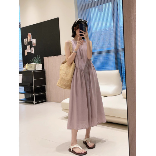 燕小麥高顔值~亞麻飄逸輕薄透氣25夏季新款無袖寬松中長款連衣裙